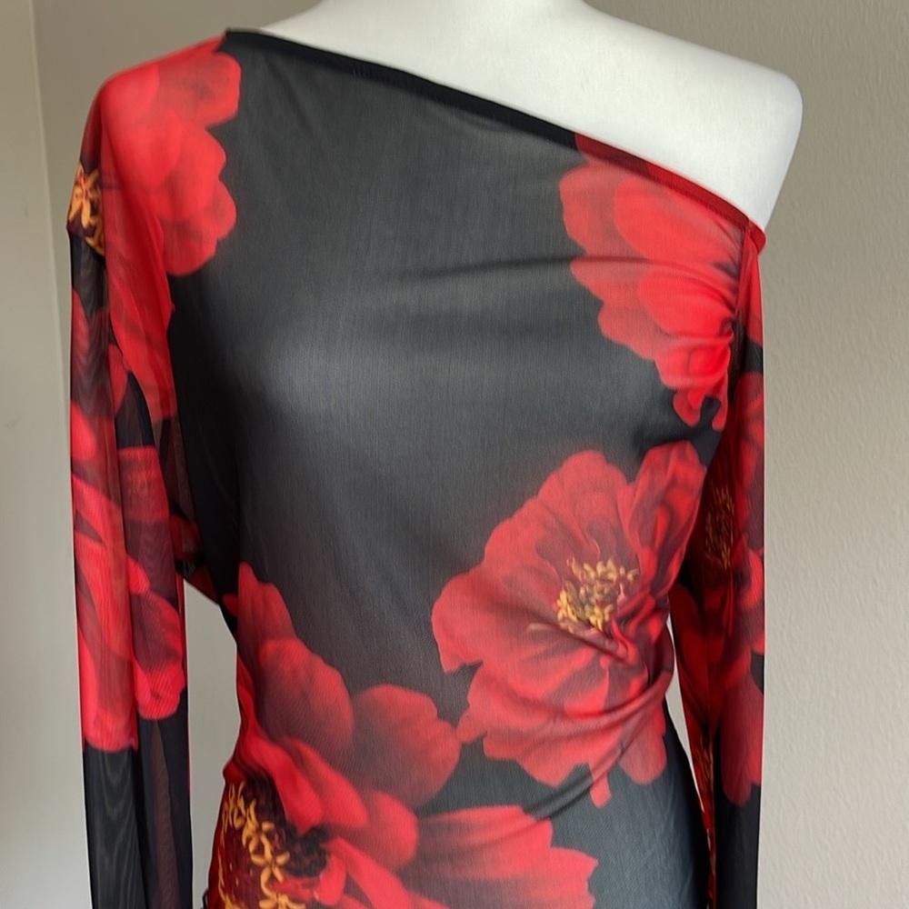 NWT Floral One-Shoulder Mesh Top - Black and Red Size 2X - Picture 3 of 7